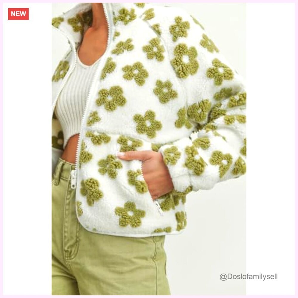 Fleece Sherpa Jacket with Floral Pattern, Zip Up, Stand Collar, Pockets - Picture 4 of 5
